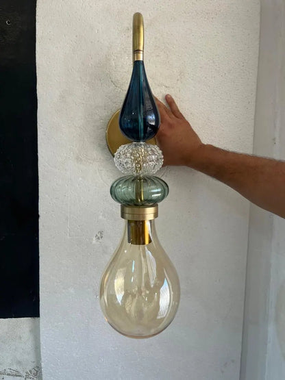 Hand Blown Glass Wall Sconce – Brass Wall Lamp with Blue Green Glass – Modern Bathroom Vanity Light – Decorative Bedside Wall Light | Les Trois Pyramides