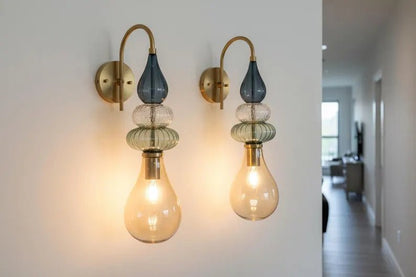 Hand Blown Glass Wall Sconce – Brass Wall Lamp with Blue Green Glass – Modern Bathroom Vanity Light – Decorative Bedside Wall Light | Les Trois Pyramides