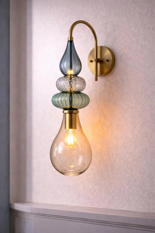 Hand Blown Glass Wall Sconce – Brass Wall Lamp with Blue Green Glass – Modern Bathroom Vanity Light – Decorative Bedside Wall Light | Les Trois Pyramides