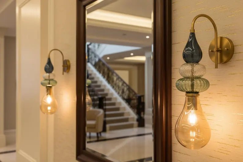 Hand Blown Glass Wall Sconce – Brass Wall Lamp with Blue Green Glass – Modern Bathroom Vanity Light – Decorative Bedside Wall Light | Les Trois Pyramides