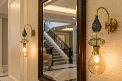 Hand Blown Glass Wall Sconce – Brass Wall Lamp with Blue Green Glass – Modern Bathroom Vanity Light – Decorative Bedside Wall Light | Les Trois Pyramides