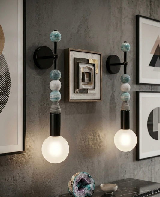 set of two Modern blue jade wall sconce with glass frosted globes, unique wall mounted lighting fixture | Les Trois Pyramides