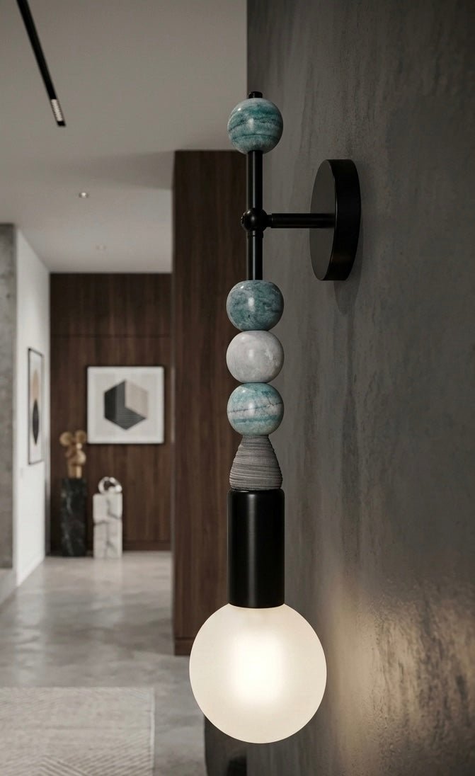 Modern blue jade wall sconce with glass frosted globes, unique wall mounted lighting fixture | Les Trois Pyramides