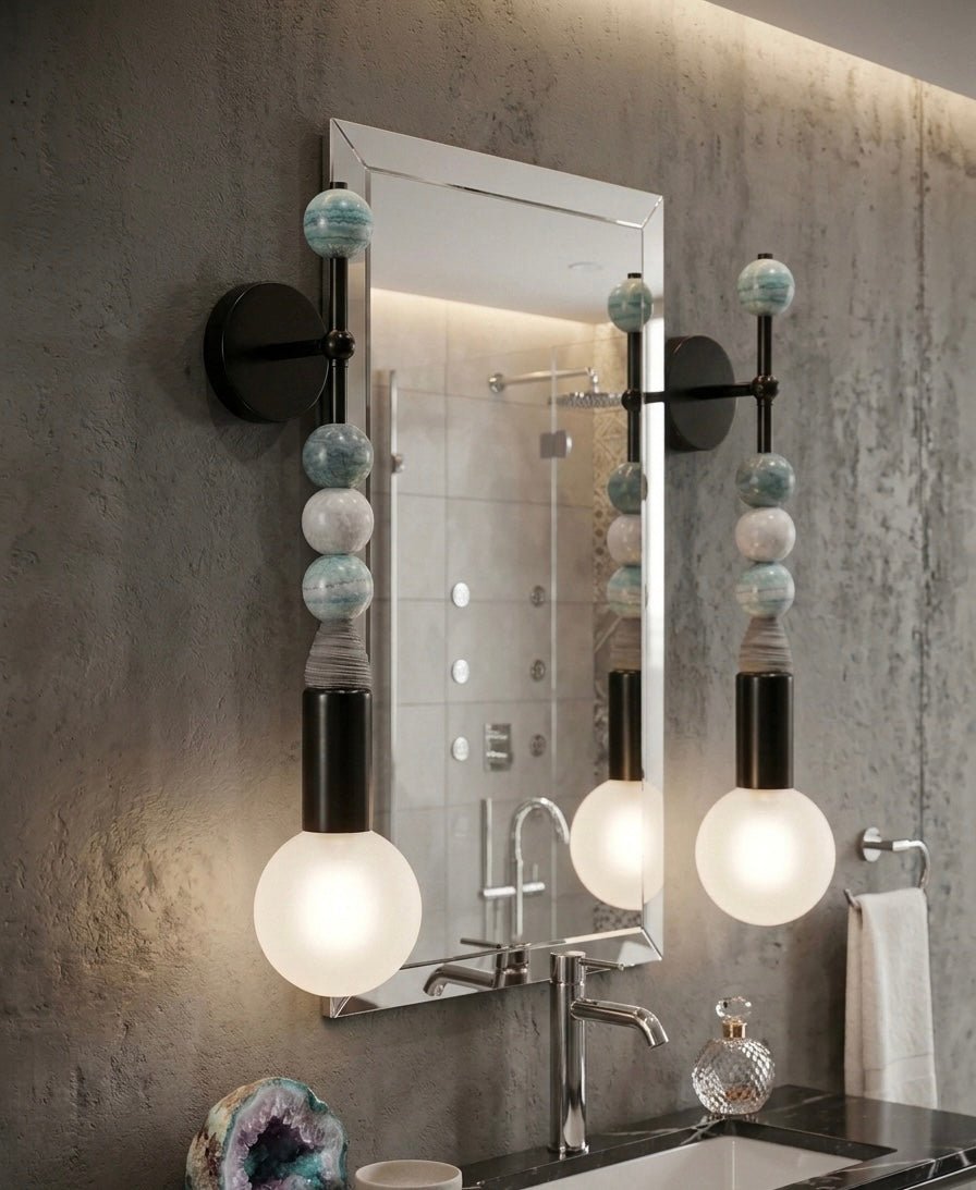 set of two Handmade stone wall light with frosted glass globe, decorative living room wall sconce | Les Trois Pyramides