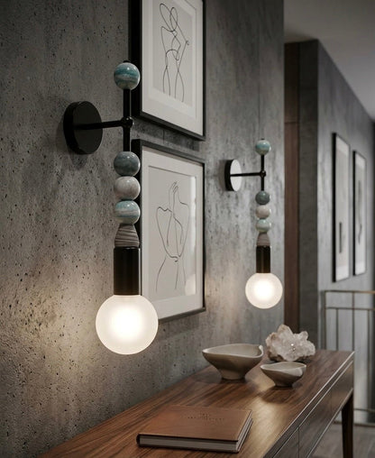 set of two Handmade blue jade stone wall lights with frosted glass globes, decorative Hallway wall sconces | Les Trois Pyramides