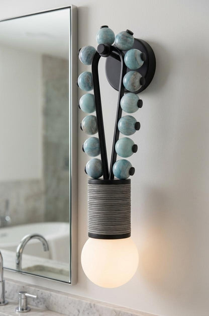 Blue Jade Stone Wall Sconce with Black Finish - Handmade Onyx Wall Light