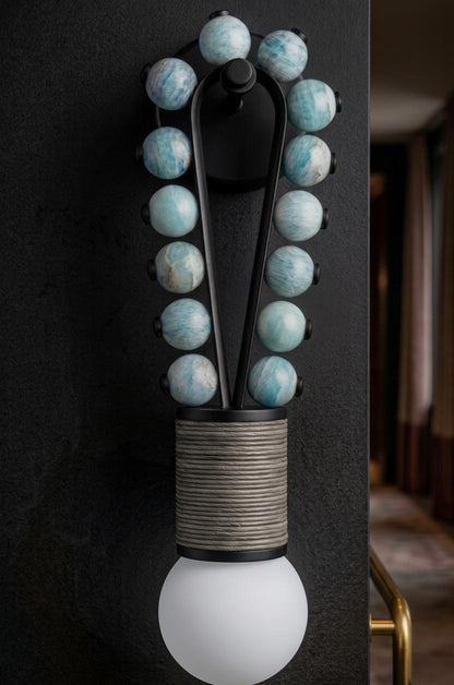 Blue Jade Stone Wall Sconce with Black Finish - Handmade Onyx Wall Light