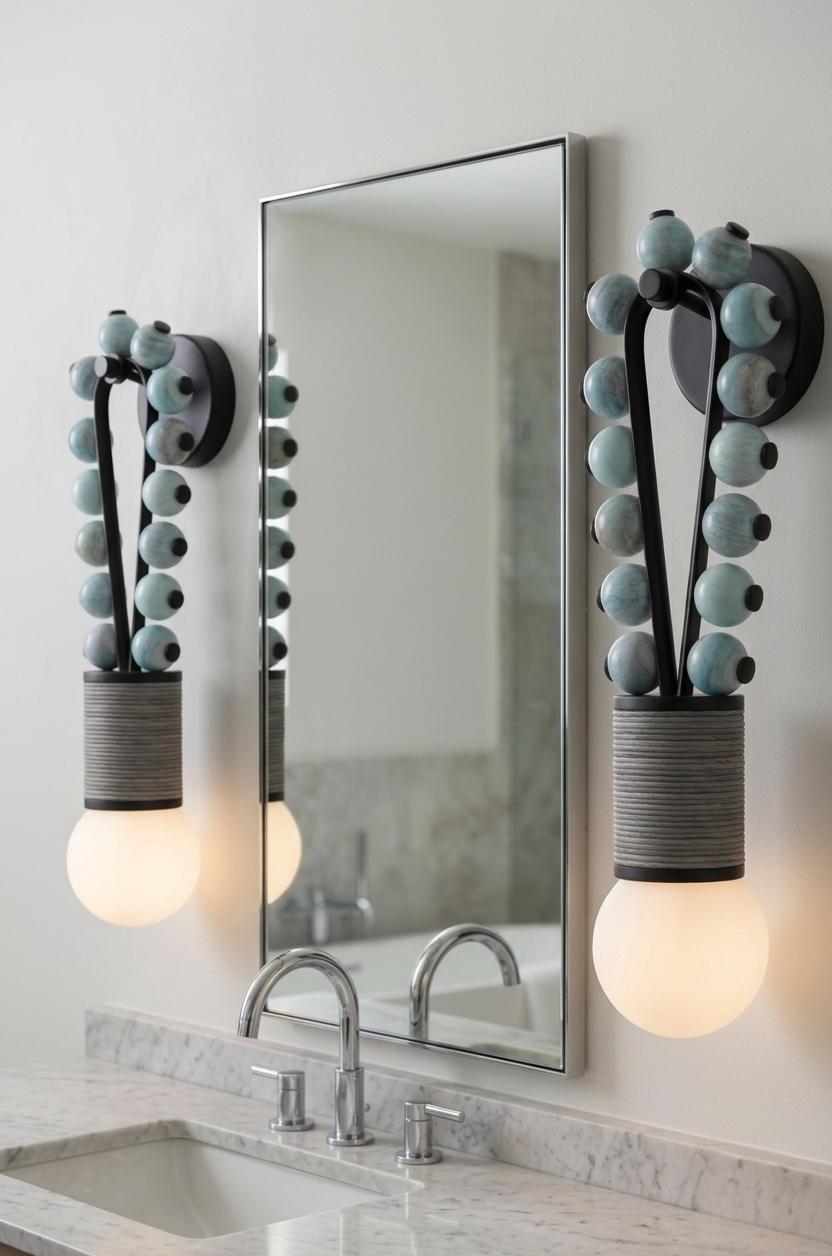 Blue Jade Stone Wall Sconce with Black Finish - Handmade Onyx Wall Light