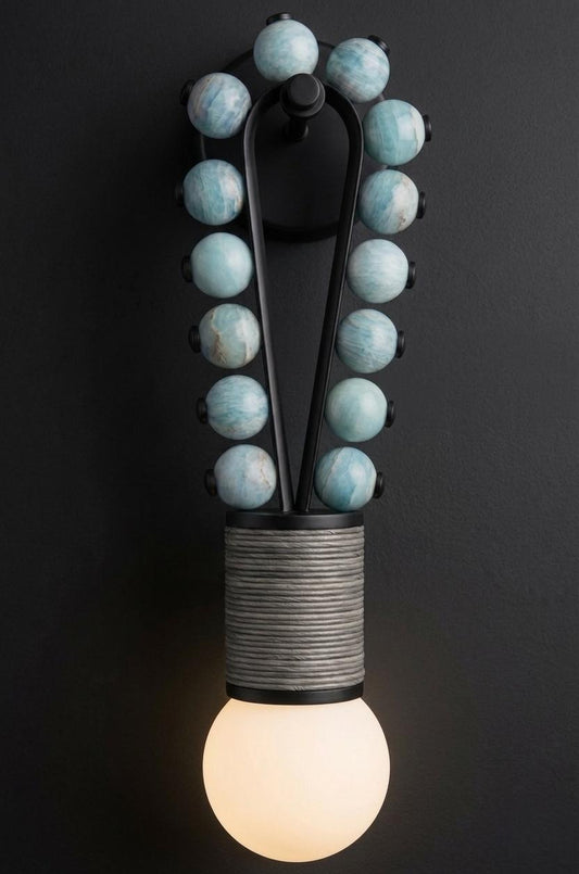 Blue Jade Stone Wall Sconce with Black Finish - Handmade Onyx Wall Light
