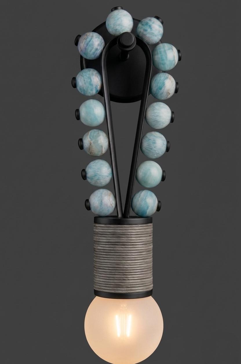 Blue Jade Stone Wall Sconce with Black Finish - Handmade Onyx Wall Light