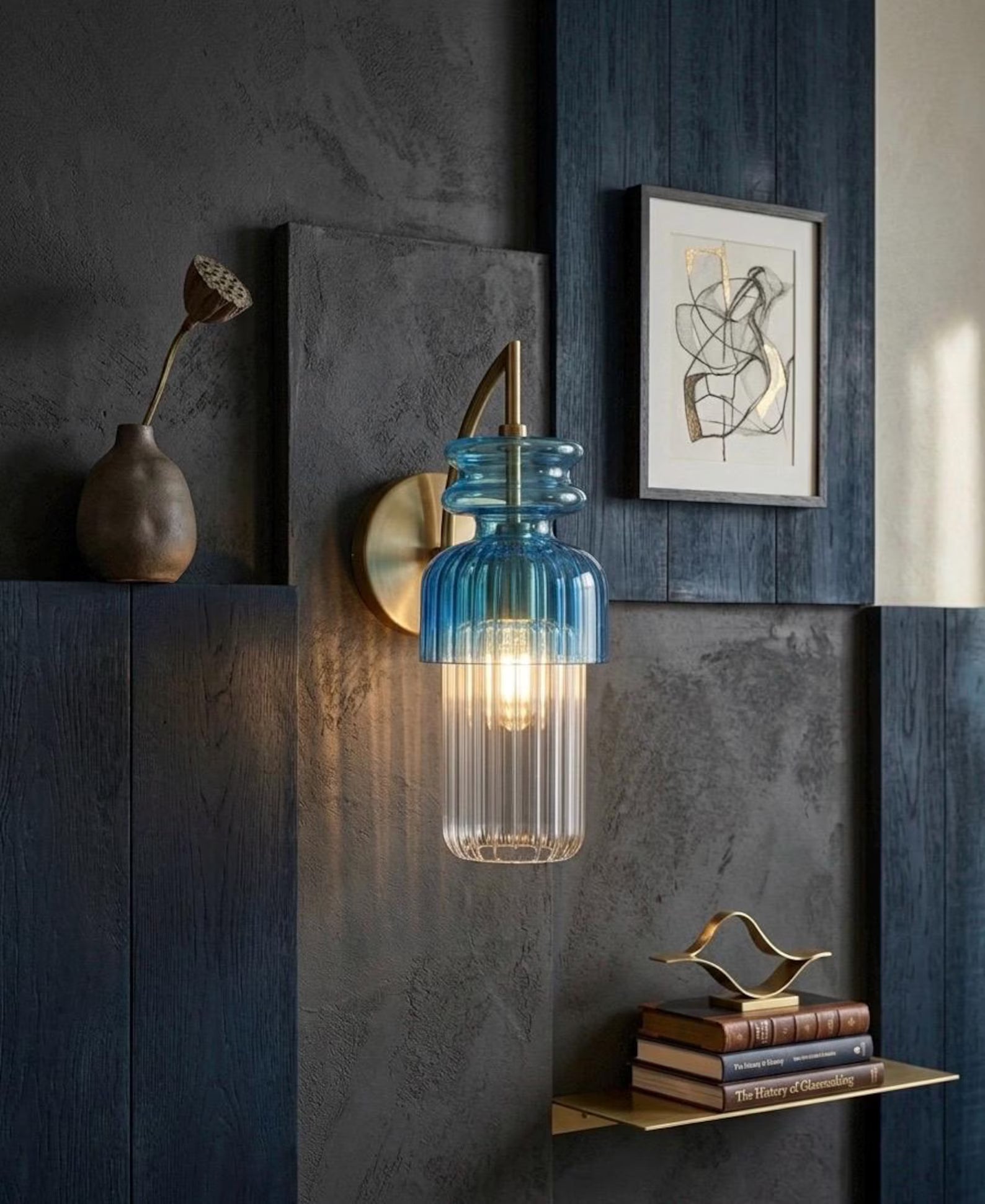 Blue Blown Glass Wall Sconce with Brass | Les Trois Pyramides.