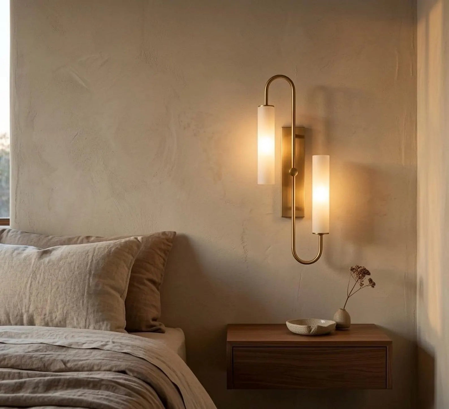 Bedroom with wall sconces and a nightstand