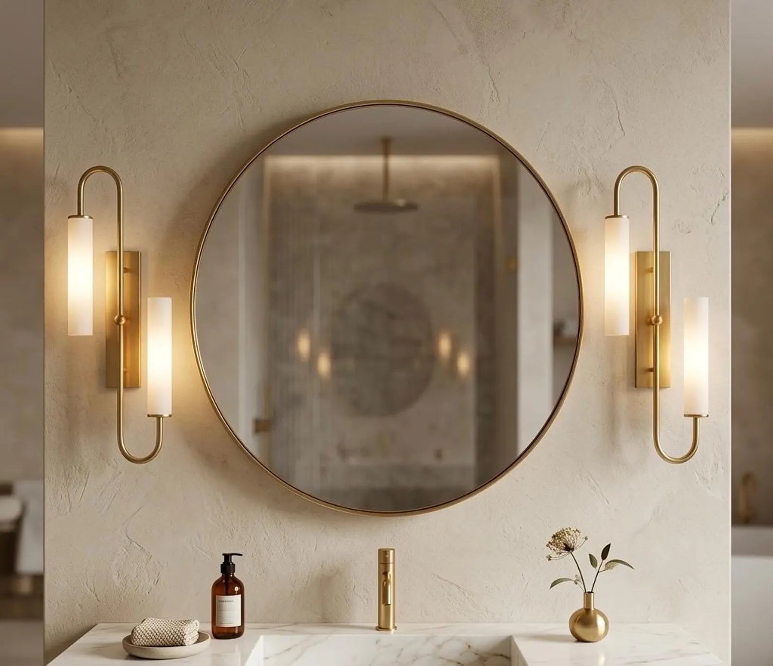 Round mirror with gold frame in a bathroom setting with wall lights and decor.