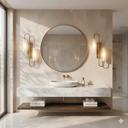 Modern bathroom with marble vanity, round mirror, and wall lights.