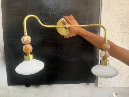 Brass Double Wall Sconce with Frosted Glass & Onyx – Handmade Wall Light | Les Trois Pyramides