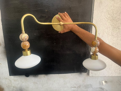 Brass Double Wall Sconce with Frosted Glass & Onyx – Handmade Wall Light | Les Trois Pyramides