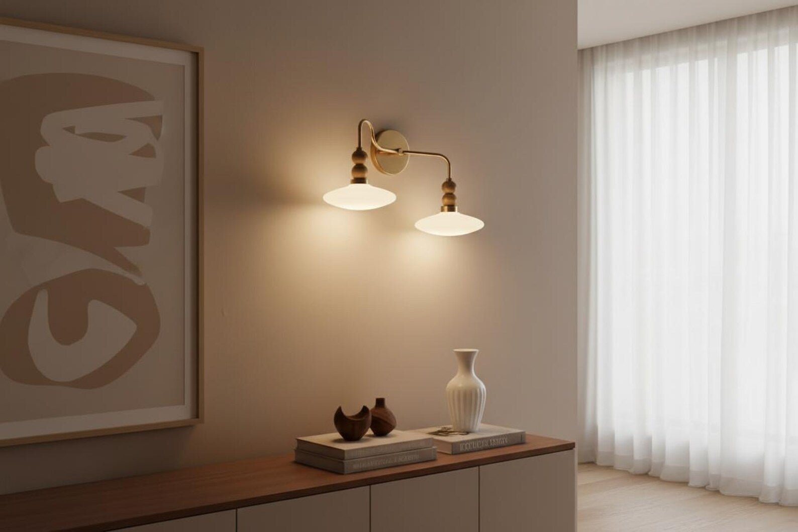 Modern wall sconce with a vase and books on a wooden surface in a room with a window and abstract art.