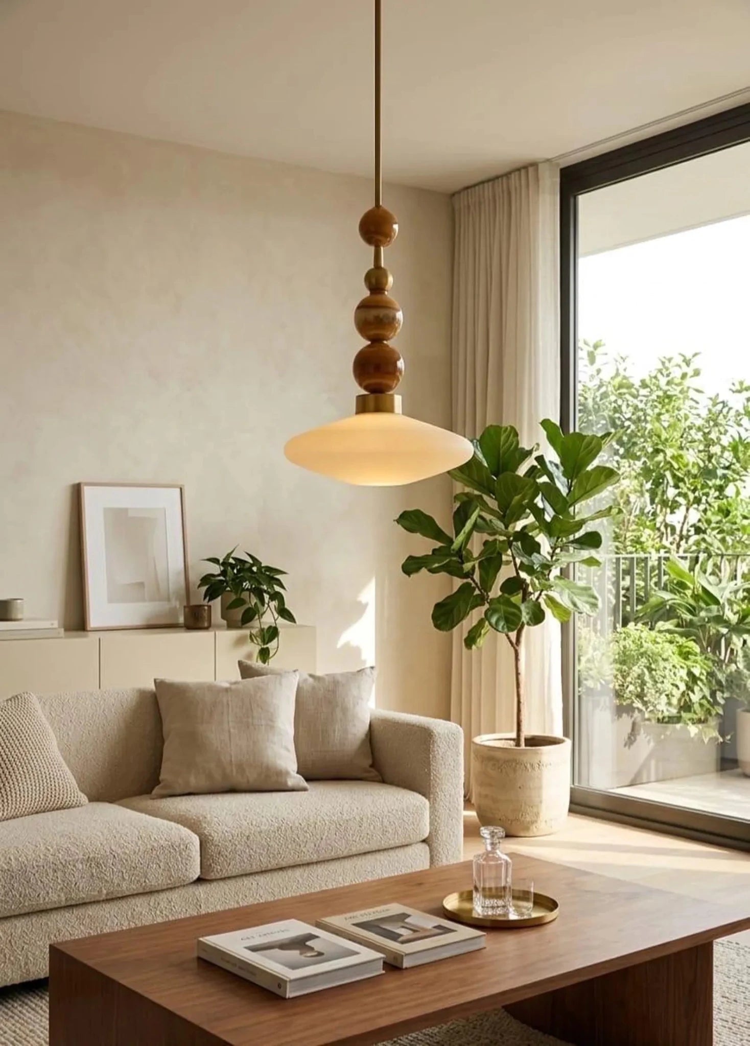 Brass Pendant Lamp – Frosted Glass & Onyx Stone Hanging Light | Les Trois Pyramides