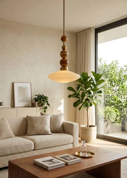 Brass Pendant Lamp – Frosted Glass & Onyx Stone Hanging Light | Les Trois Pyramides
