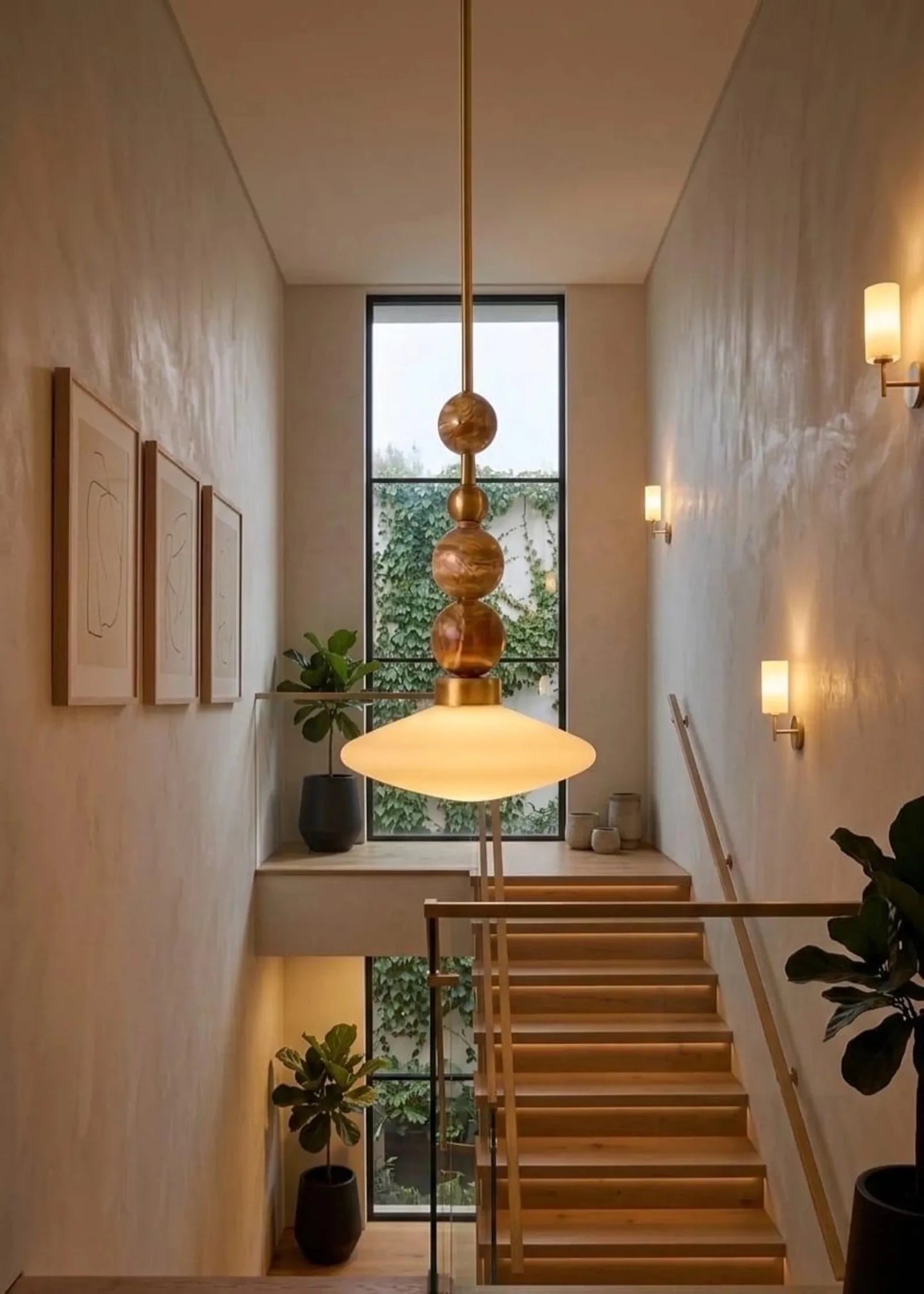 Brass Pendant Lamp – Frosted Glass & Onyx Stone Hanging Light | Les Trois Pyramides
