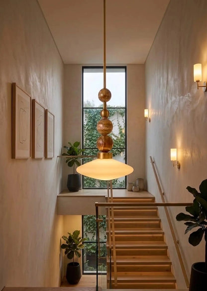 Brass Pendant Lamp – Frosted Glass & Onyx Stone Hanging Light | Les Trois Pyramides