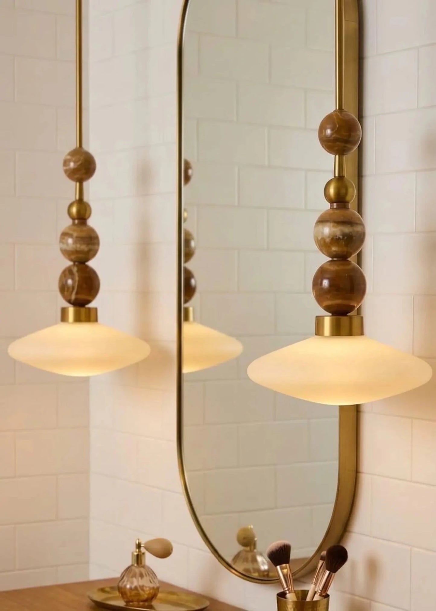 Brass Pendant Lamp – Frosted Glass & Onyx Stone Hanging Light | Les Trois Pyramides