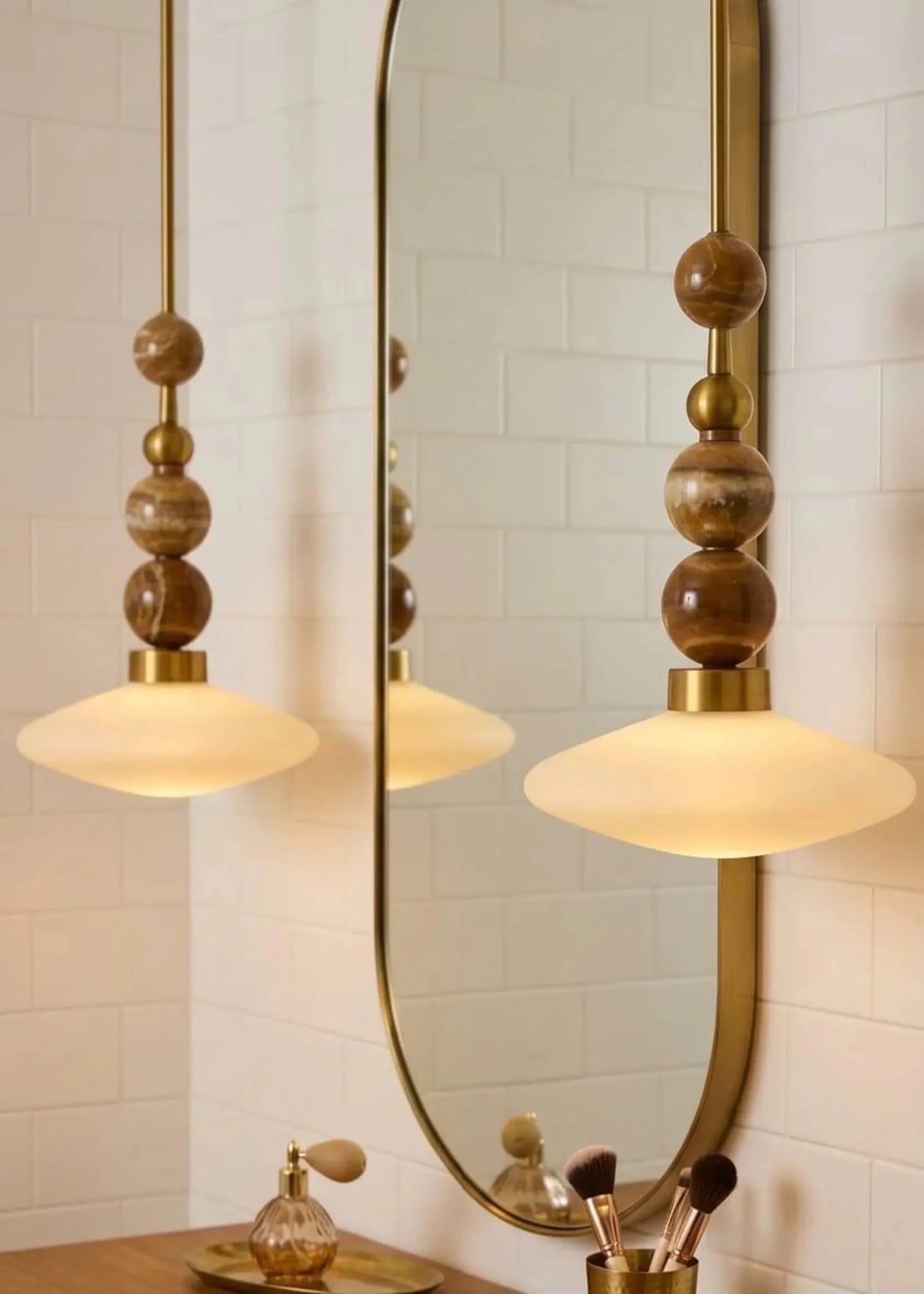 Brass Pendant Lamp – Frosted Glass & Onyx Stone Hanging Light | Les Trois Pyramides