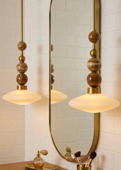 Brass Pendant Lamp – Frosted Glass & Onyx Stone Hanging Light | Les Trois Pyramides