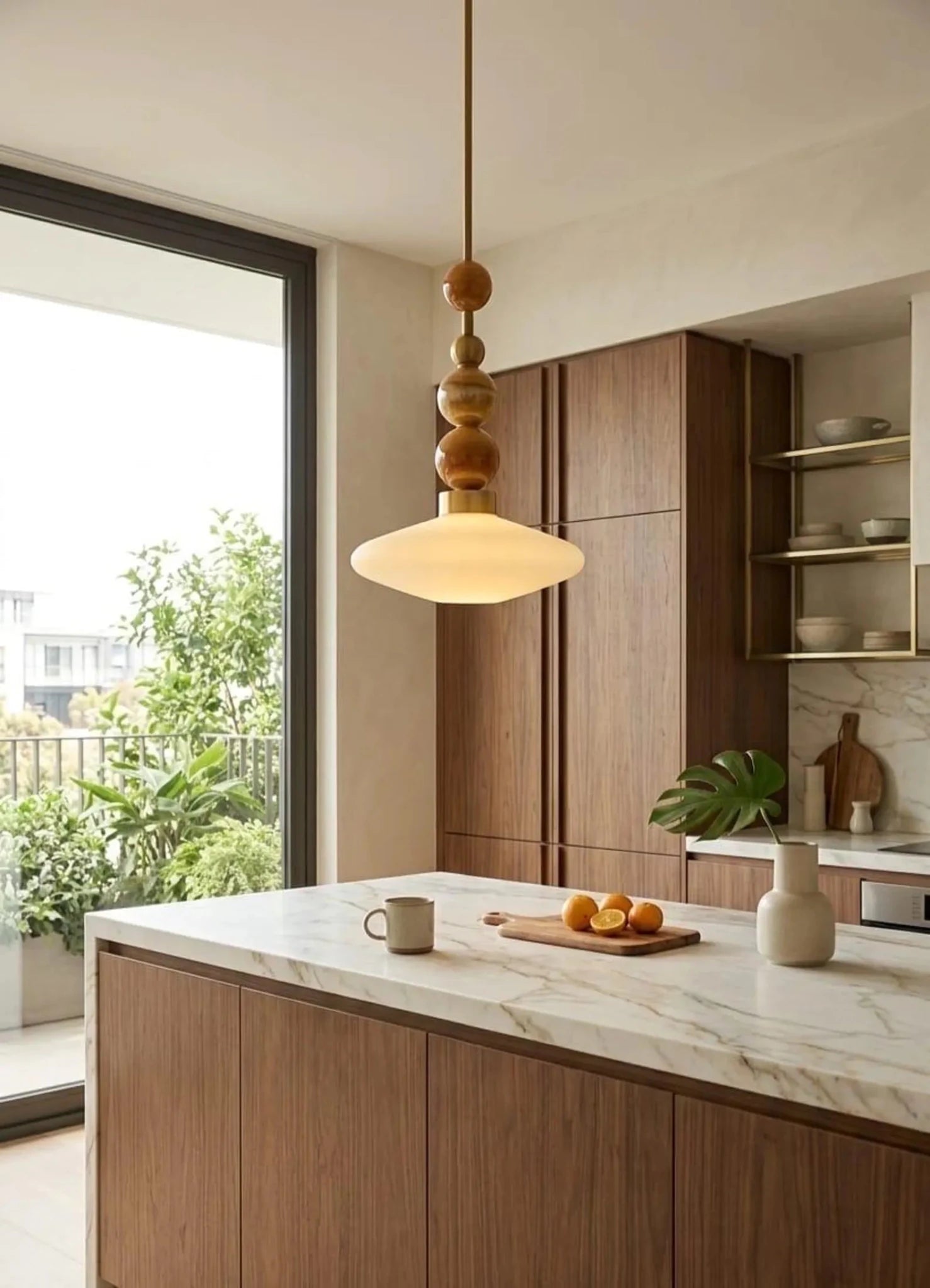 Brass Pendant Lamp – Frosted Glass & Onyx Stone Hanging Light | Les Trois Pyramides
