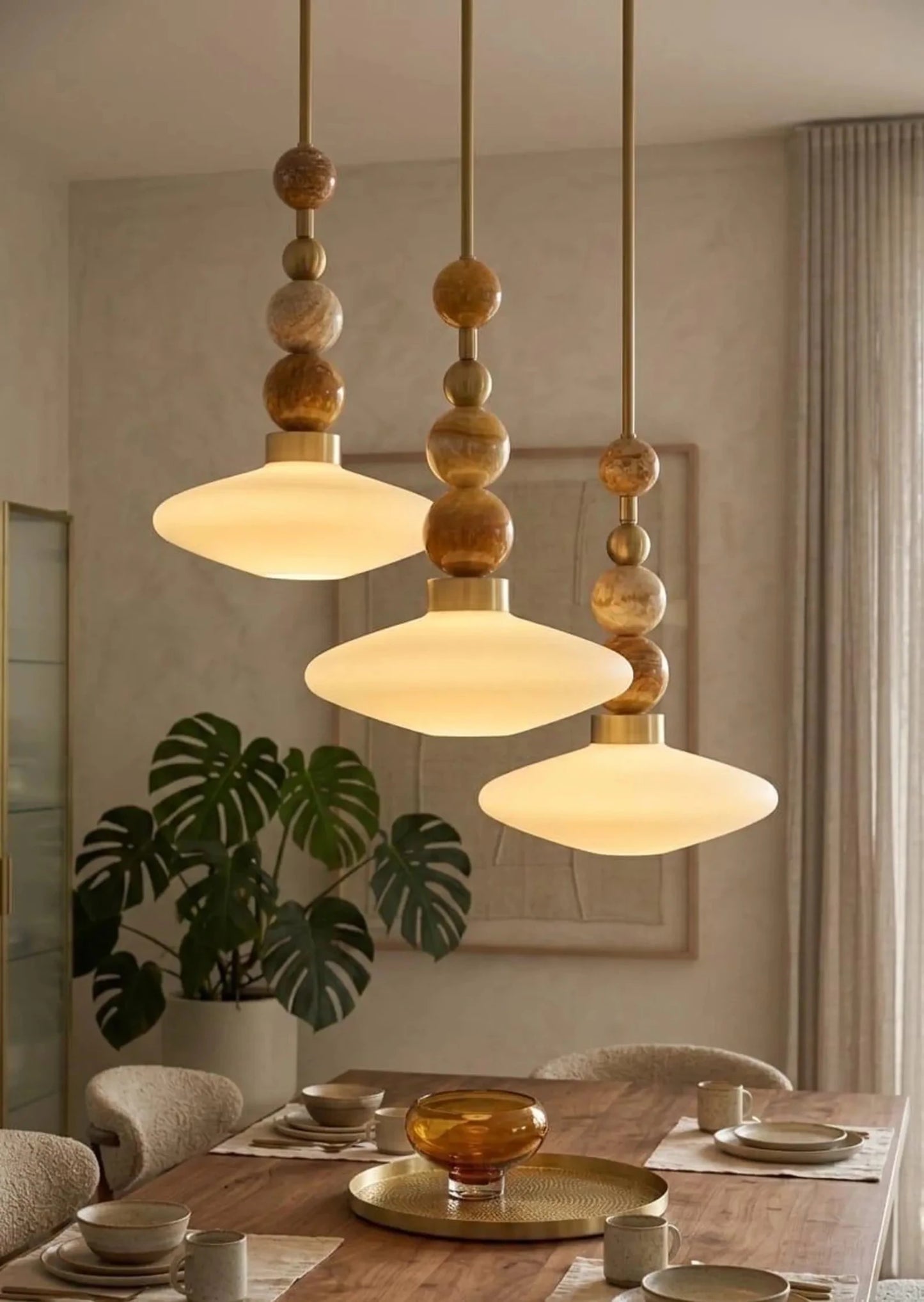Brass Pendant Lamp – Frosted Glass & Onyx Stone Hanging Light | Les Trois Pyramides