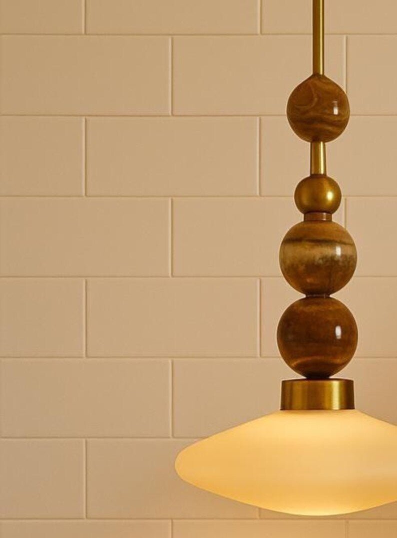 Brass Pendant Lamp – Frosted Glass & Onyx Stone Hanging Light | Les Trois Pyramides