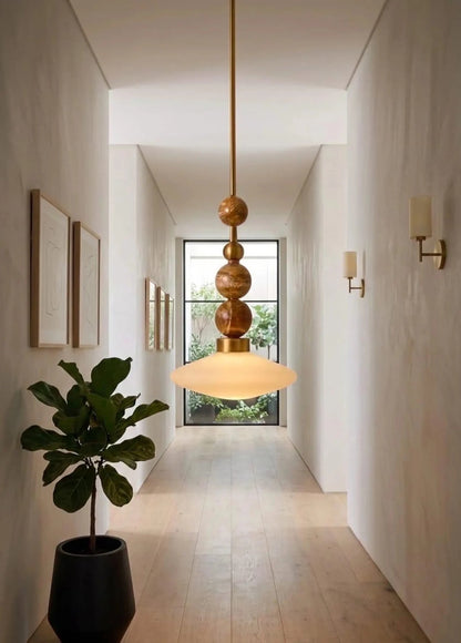 Brass Pendant Lamp – Frosted Glass & Onyx Stone Hanging Light | Les Trois Pyramides