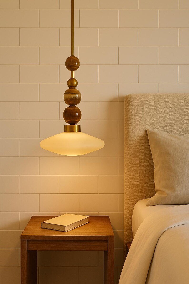 Brass Pendant Lamp – Frosted Glass & Onyx Stone Hanging Light | Les Trois Pyramides