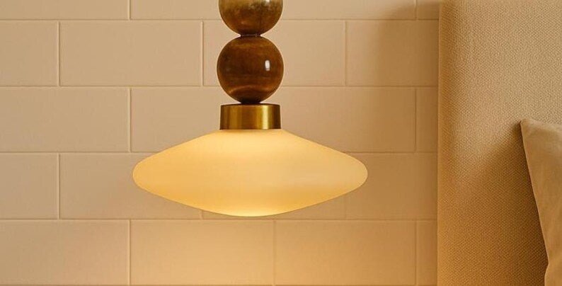 Brass Pendant Lamp – Frosted Glass & Onyx Stone Hanging Light | Les Trois Pyramides