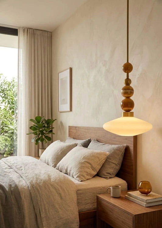 Brass Pendant Lamp – Frosted Glass & Onyx Stone Hanging Light | Les Trois Pyramides