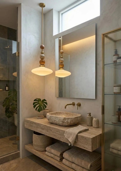 Brass Pendant Lamp – Frosted Glass & Onyx Stone Hanging Light | Les Trois Pyramides