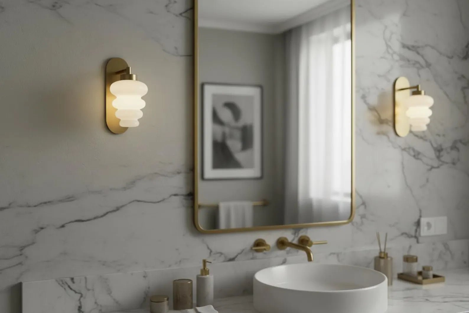 Brass Wall Sconce – Blown Glass Wall Light – Vintage Inspired Sconce - Modern Bathroom Vanity Light  | Les Trois Pyramides.
 