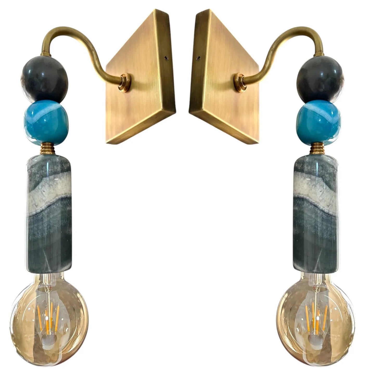Pair of wall sconces with gold brackets, blue and gray marbled beads, and clear glass bulbs on a white background.