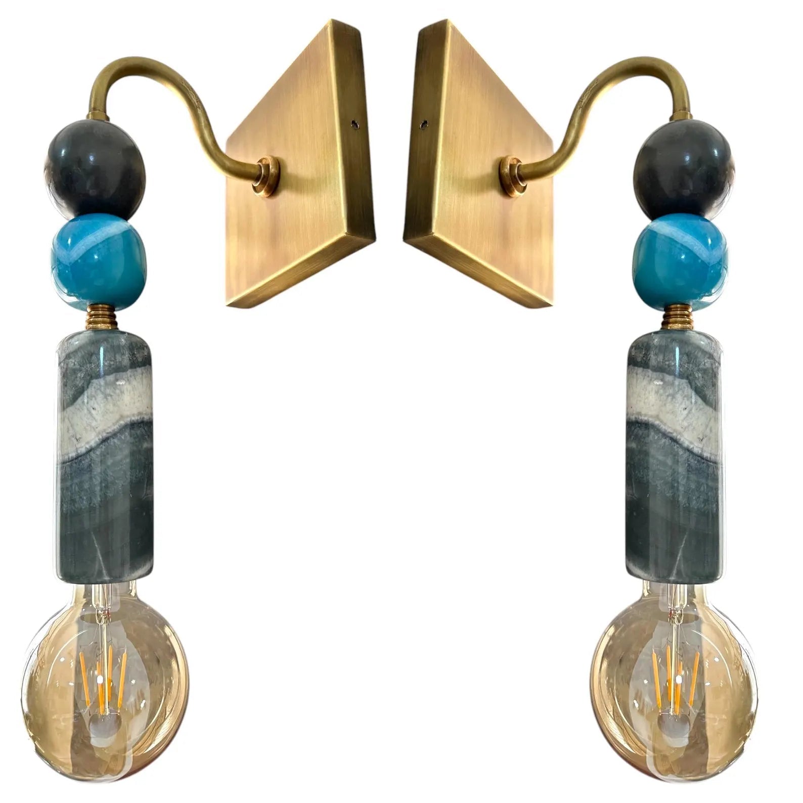 Pair of wall sconces with gold brackets, blue and gray marbled beads, and clear glass bulbs on a white background.