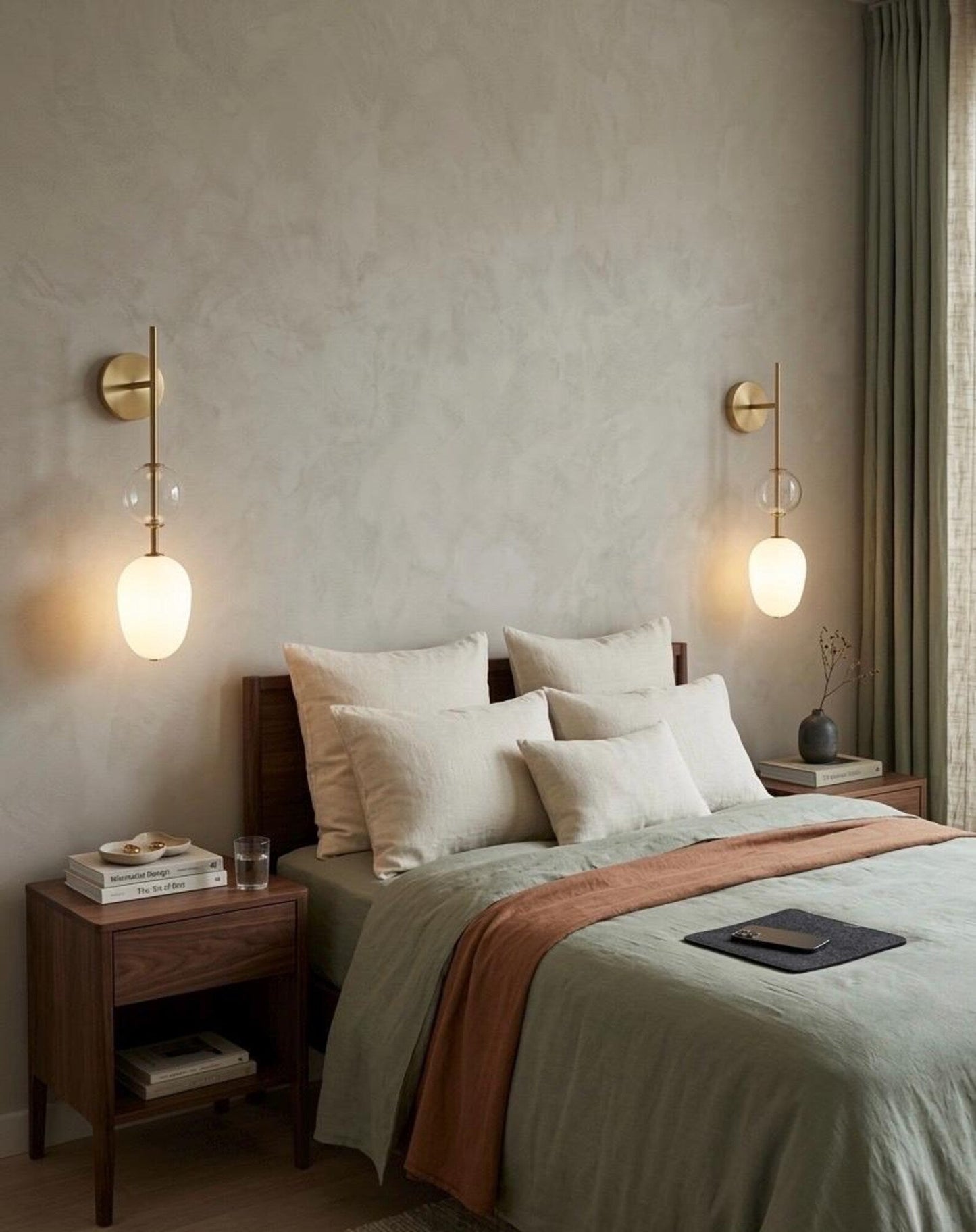 Cozy bedroom with a bed, nightstands, and wall sconces.