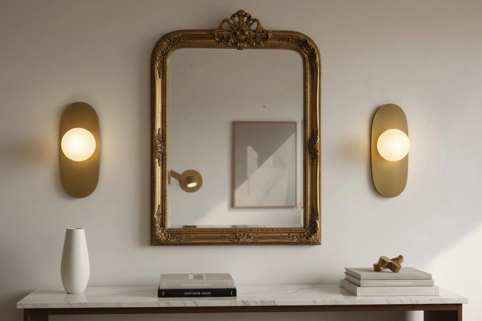 Decorative gold-framed mirror on a wall with two wall sconces