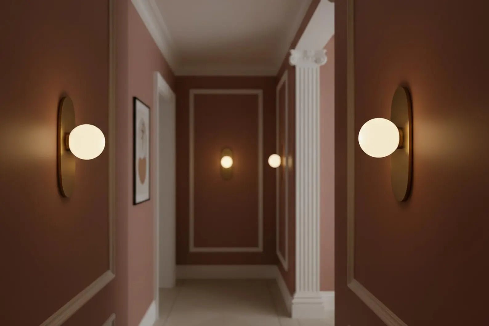 Stylish hallway with wall lights and a painting on a brown wall.