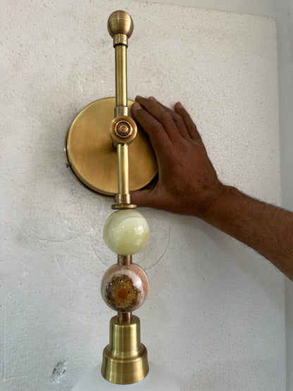 Brass Wall Sconce with Frosted Glass & Onyx – Handmade Bedside & Bathroom Light