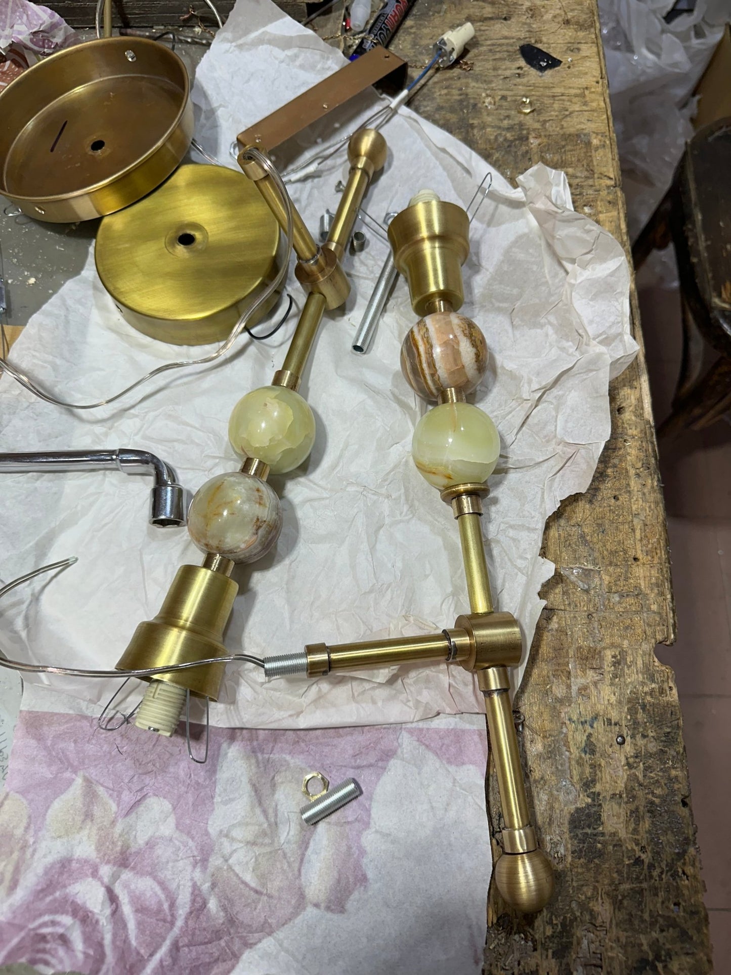 Brass Wall Sconce with Frosted Glass & Onyx – Handmade Bedside & Bathroom Light