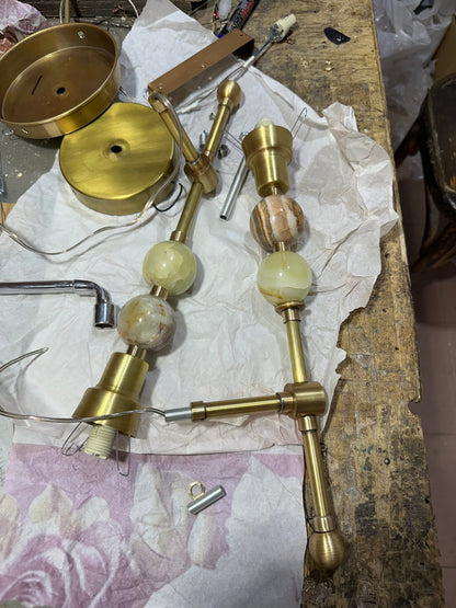 Brass Wall Sconce with Frosted Glass & Onyx – Handmade Bedside & Bathroom Light