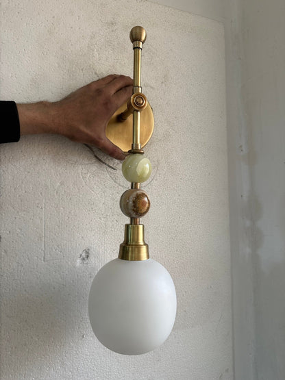 Brass Wall Sconce with Frosted Glass & Onyx – Handmade Bedside & Bathroom Light