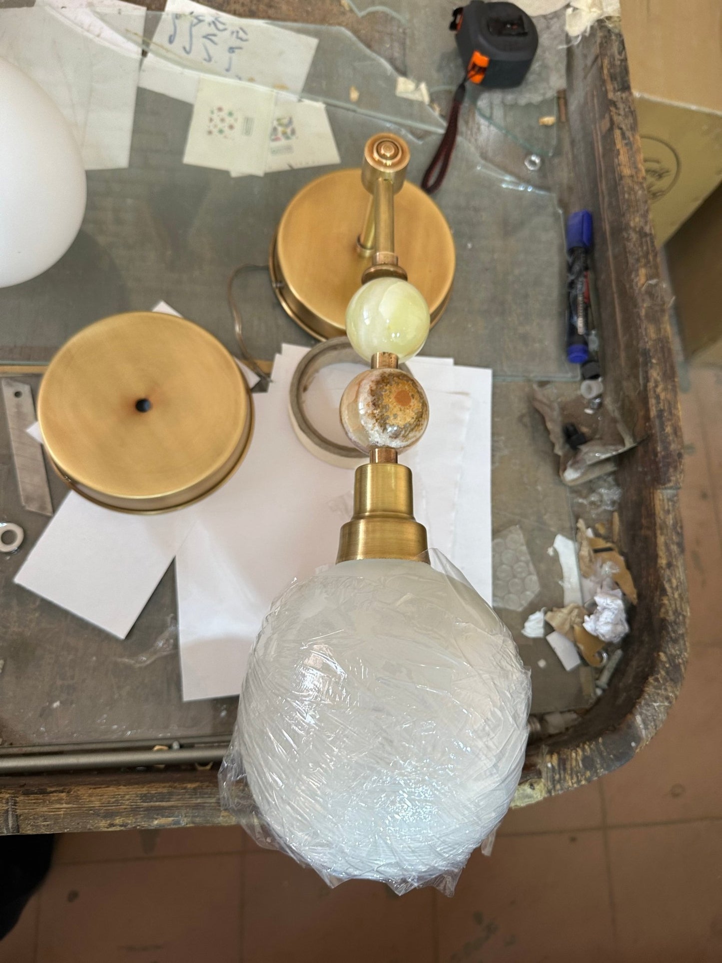 Brass Wall Sconce with Frosted Glass & Onyx – Handmade Bedside & Bathroom Light