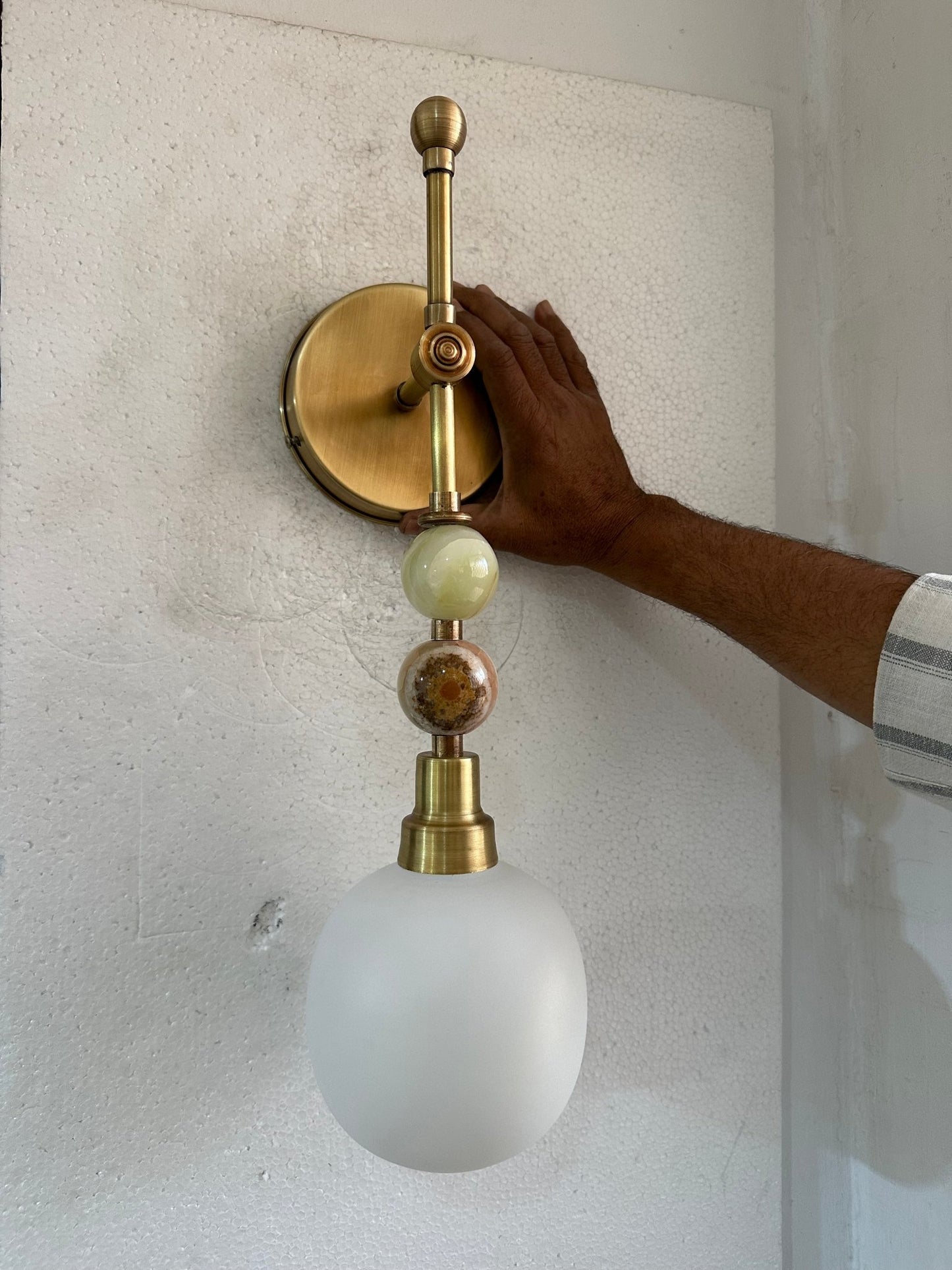 Brass Wall Sconce with Frosted Glass & Onyx – Handmade Bedside & Bathroom Light