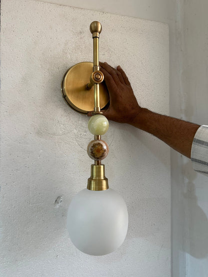 Brass Wall Sconce with Frosted Glass & Onyx – Handmade Bedside & Bathroom Light