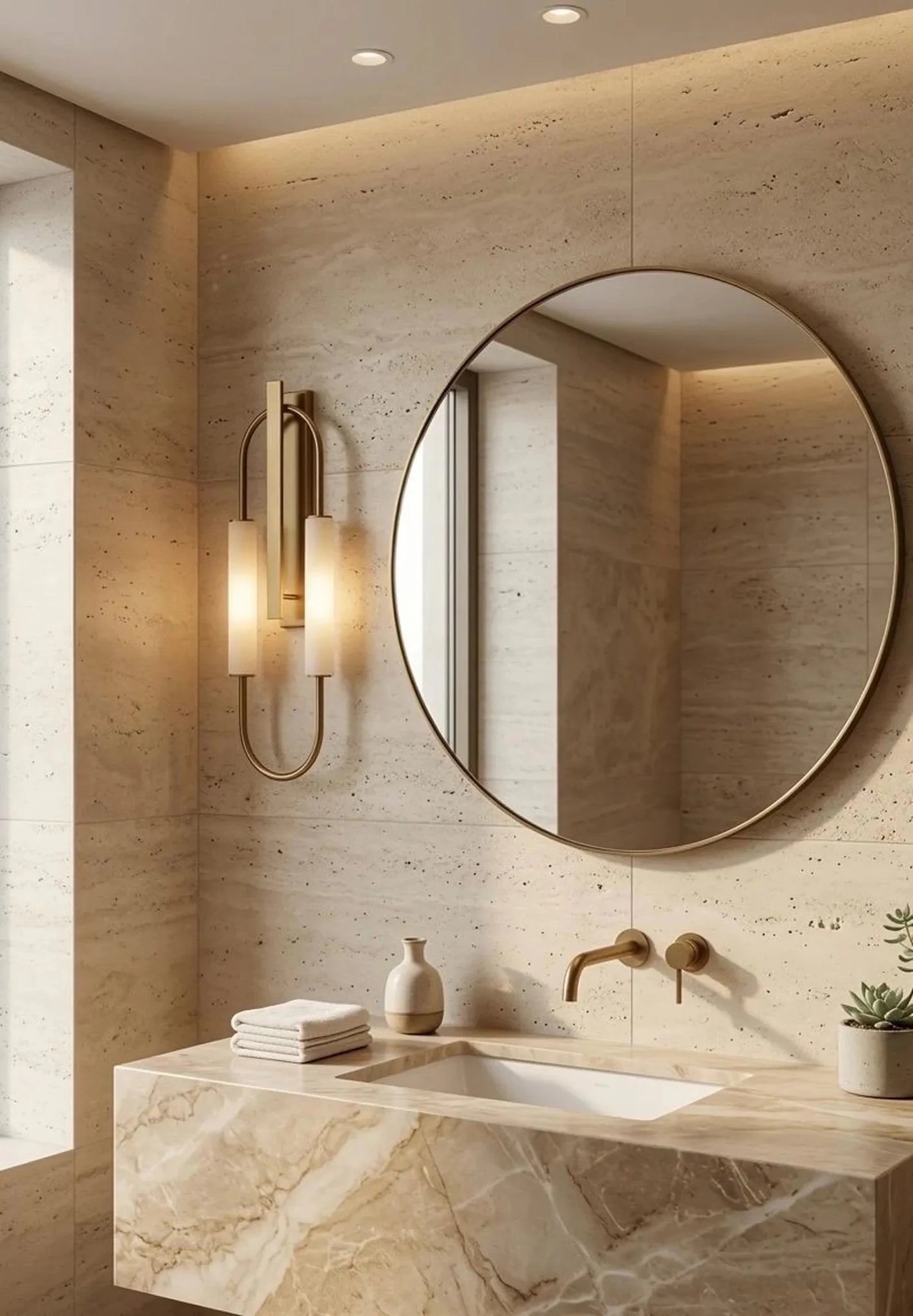 Modern bathroom with round mirror, sink, and wall sconce.